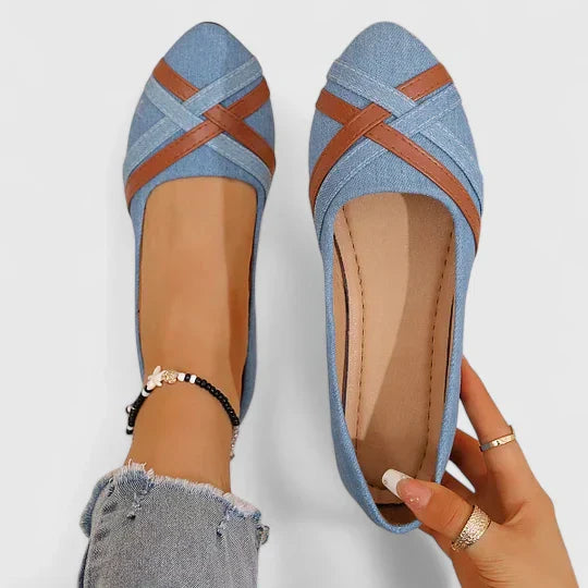 NATHALIE – CROSS-STRAP DENIM FLATS