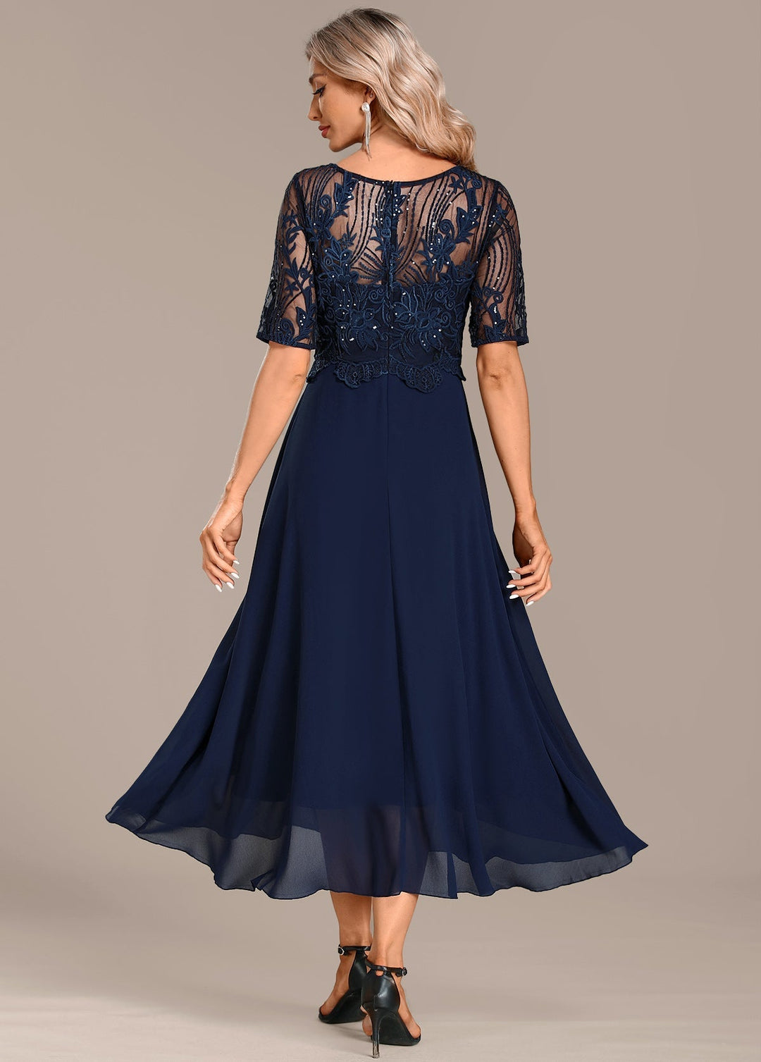 CLARISSA – ELEGANT NAVY LACE CHIFFON DRESS