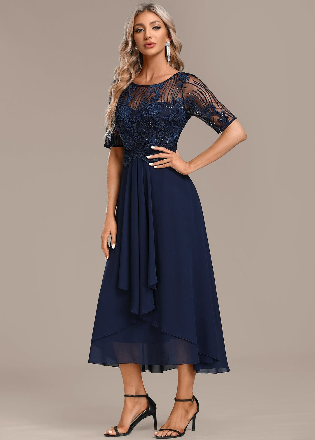 CLARISSA – ELEGANT NAVY LACE CHIFFON DRESS