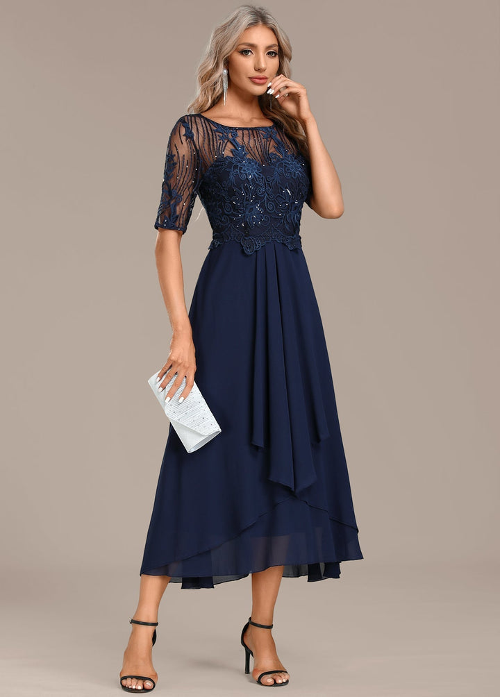 CLARISSA – ELEGANT NAVY LACE CHIFFON DRESS
