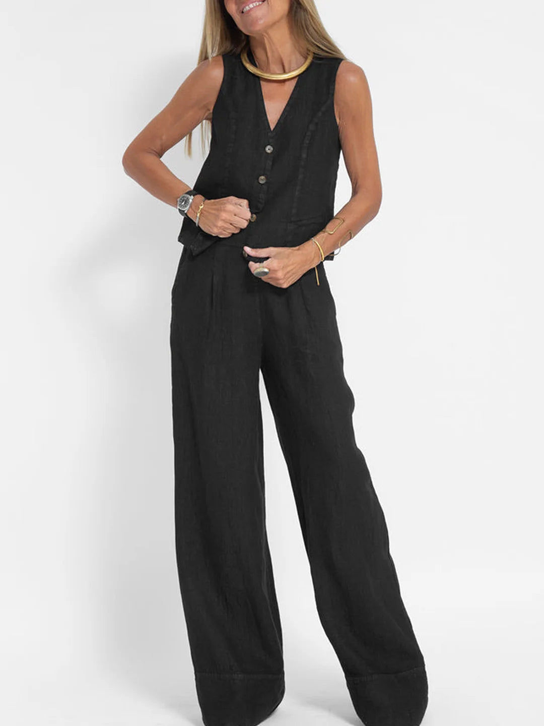 Jessica - Buttoned Vest & Wide-Leg Trousers Set