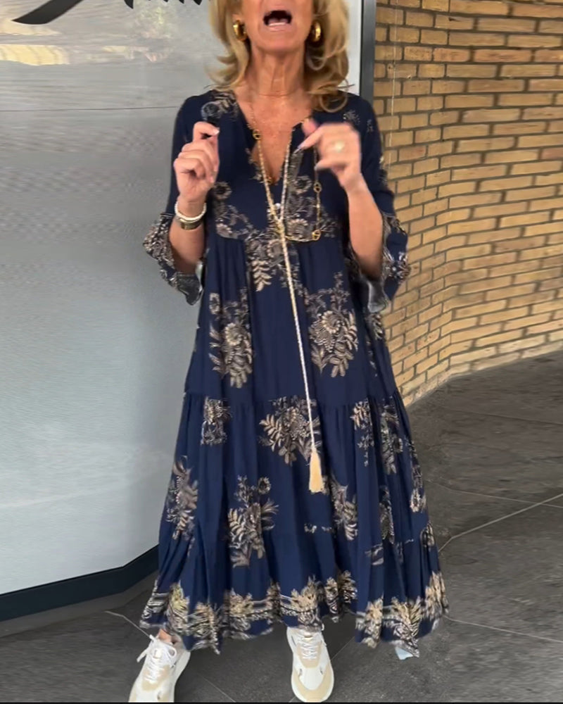 TOVE – WOMEN'S NAVY BLUE PRINTED V-NECK LONG SWING DRESS