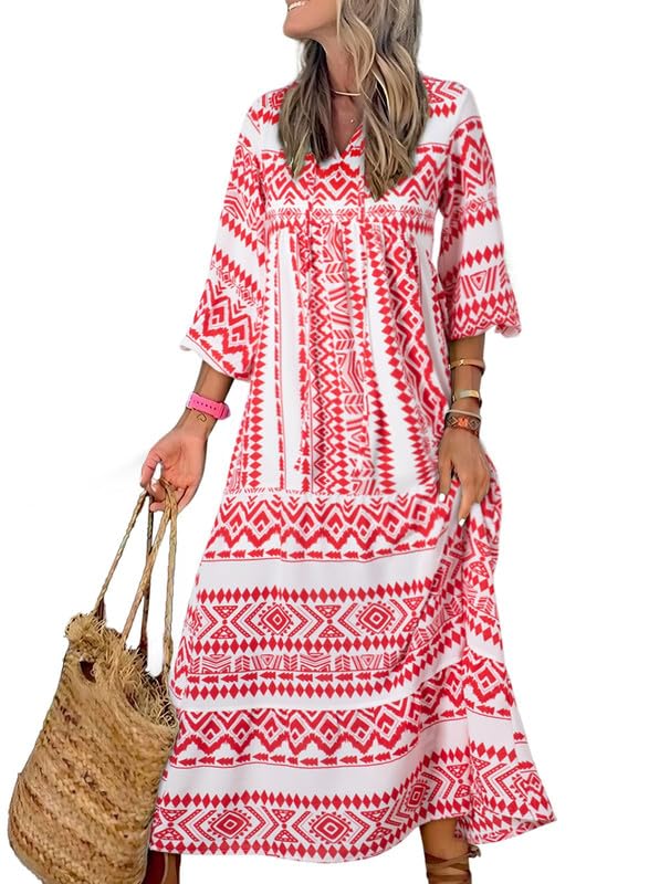 WINONA – WOMEN'S PUFF SLEEVE GEOMETRIC BOHEMIAN MAXI DRESS