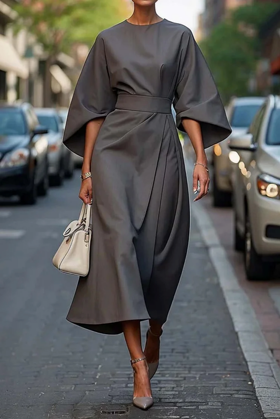 ADRIANA – ELEGANT BELTED BATWING MIDI DRESS