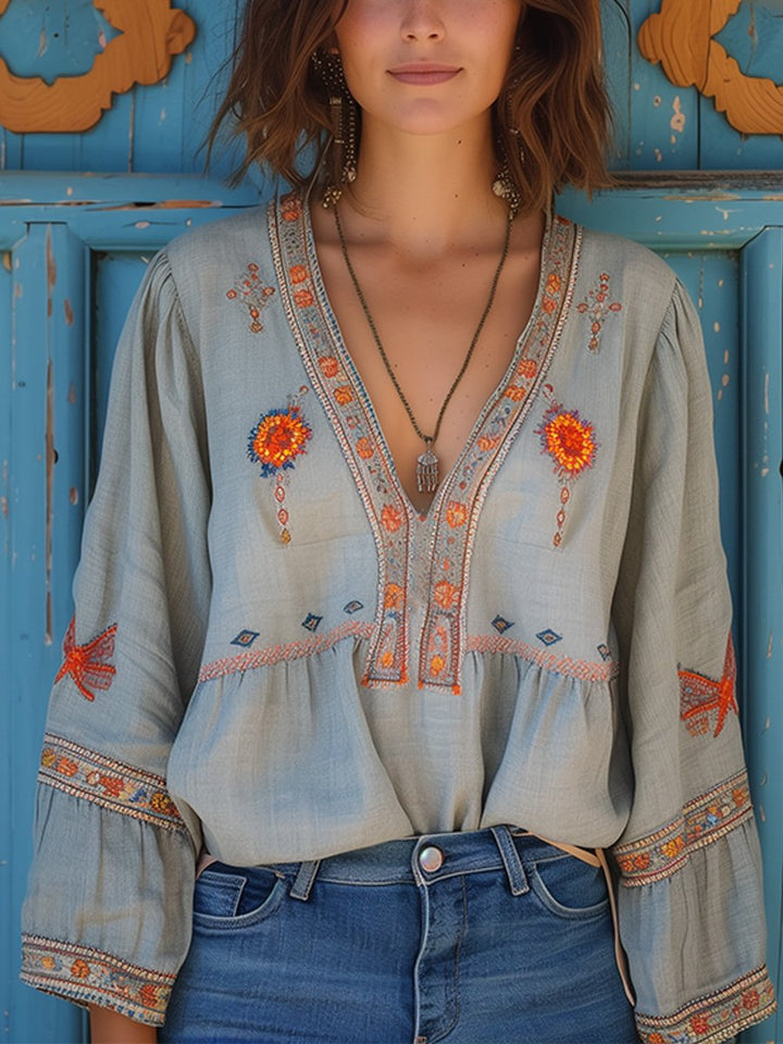 MADELINE – BOHO EMBROIDERED FLOWY BLOUSE